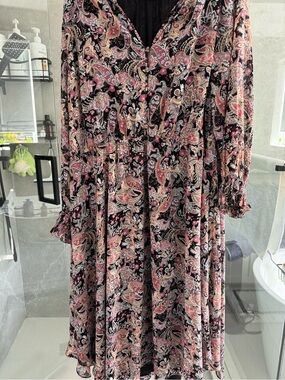 Penningtons Black Paisley Midi Dress with Pink and Cream Accents